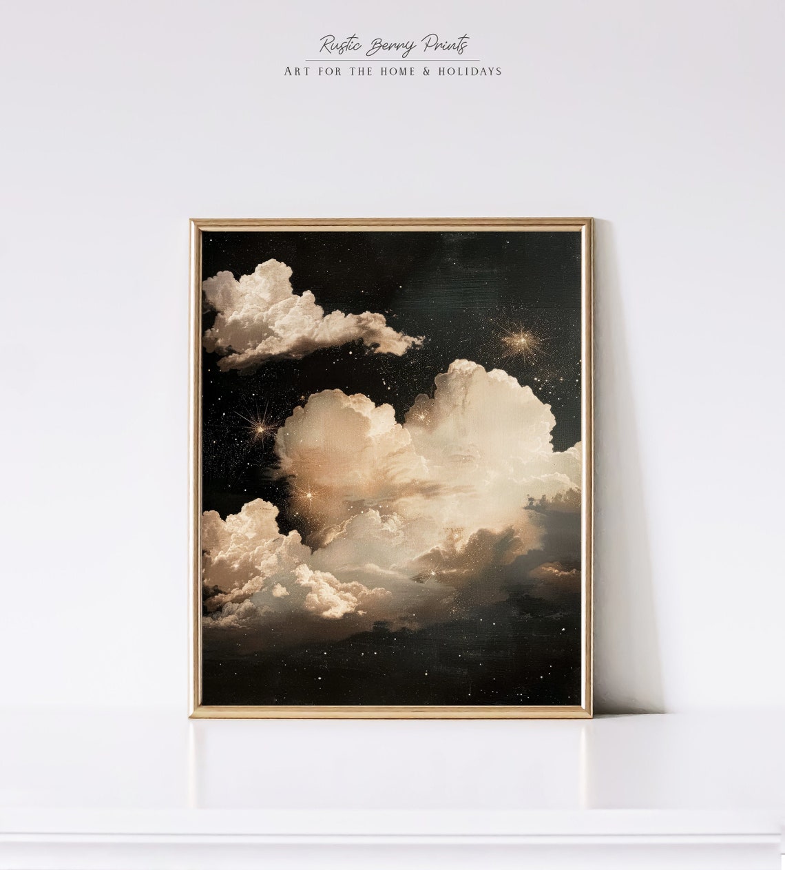 Starry Golden Night Cloudscape Dreamy Celestial Sky Painting Poster