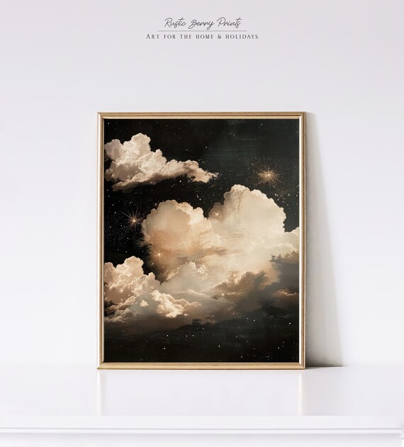 Celestial Sky Oil Painting Wall Art Vintage Print Moody Academia Print Stars Clouds Nursery Print Starry Night