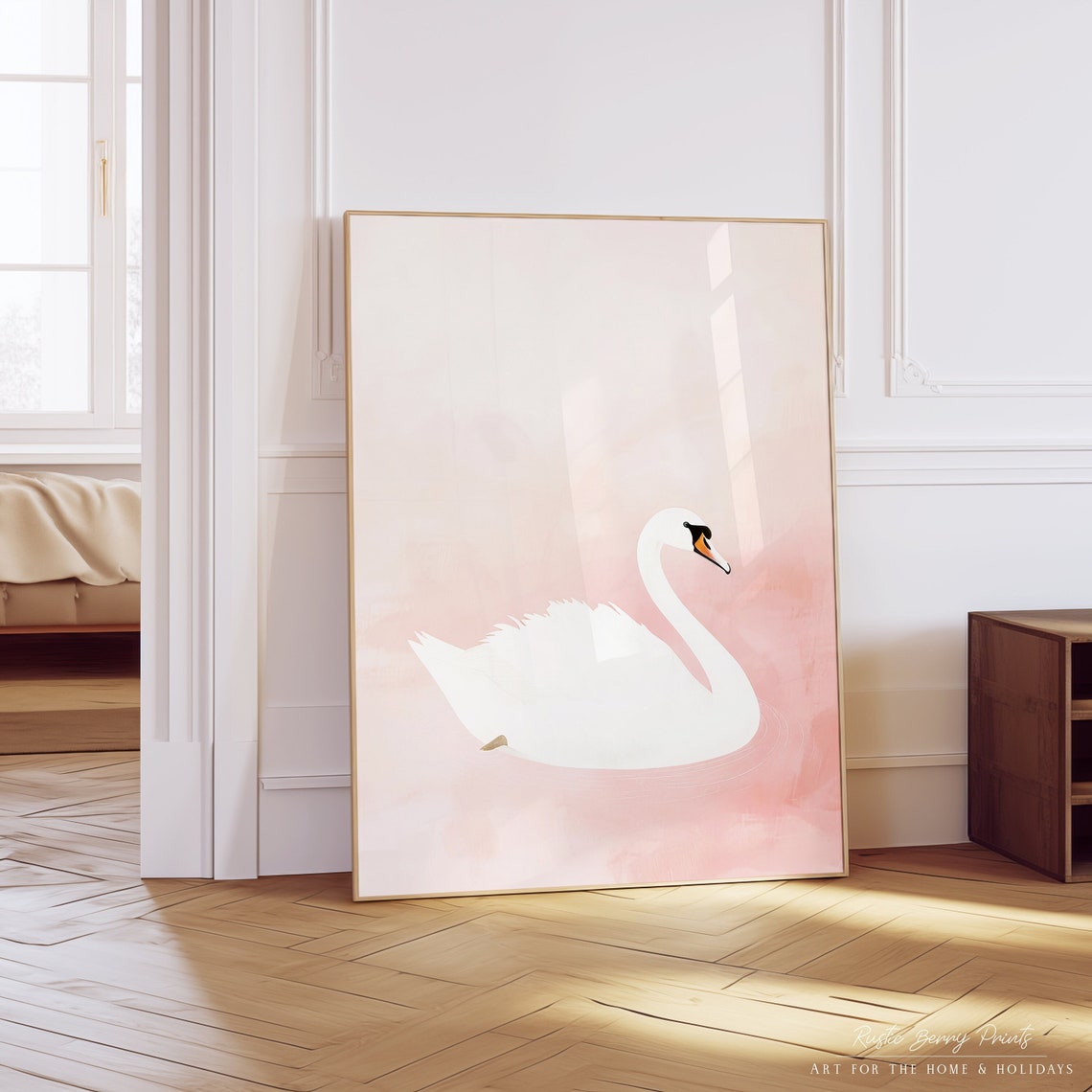 Elegant White Swan On Soft Pink Watercolor Balletcore Wall Art