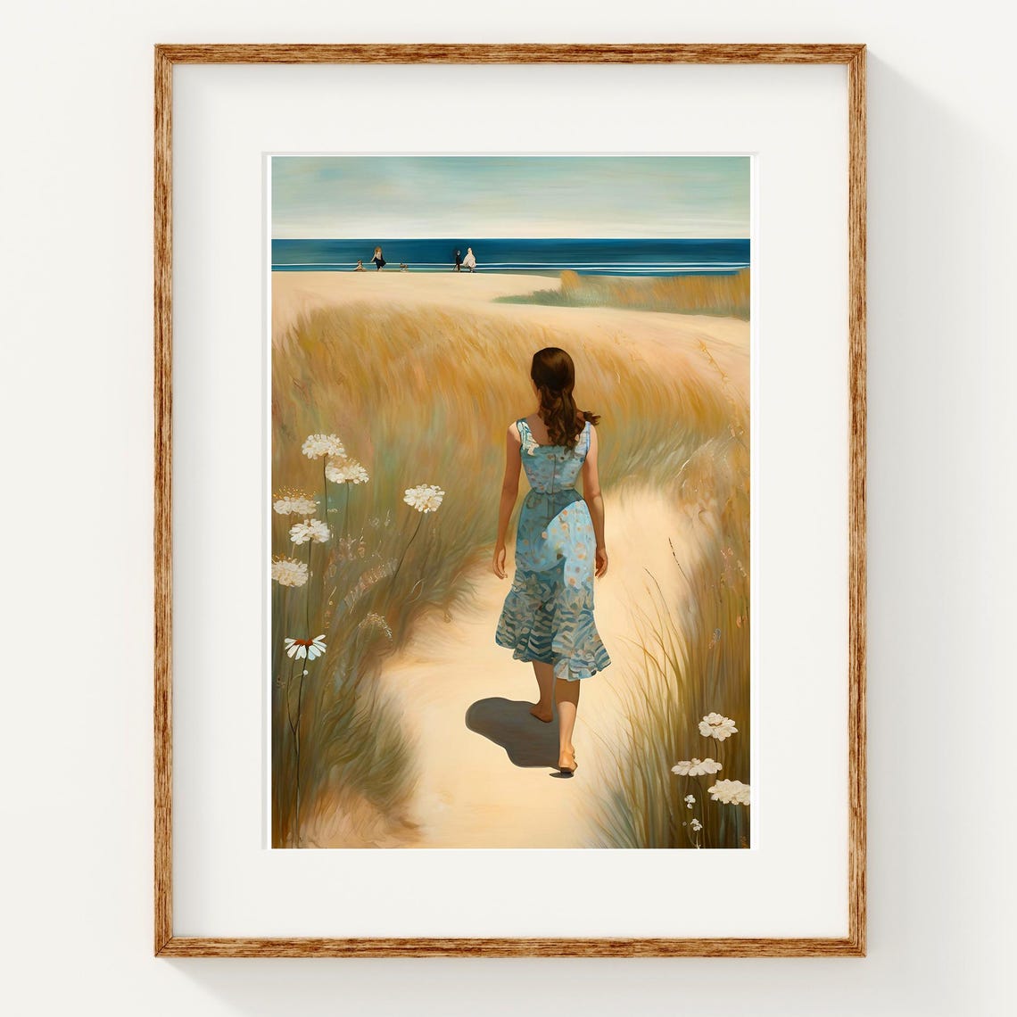 Woman Walking Sandy Path To Beach Dunes Coastal Seaside Art Poster
