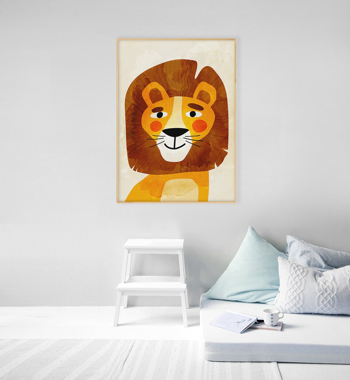 Cute Smiling Lion Face Warm Watercolor Nursery Kids Room Art Poster - Image 2