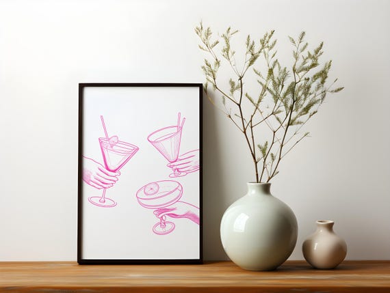 Pink Bar Cart Print Bar Cart Decor Cheers Print Retro Kitchen Wall Art Bar Cart Art Trendy Wall Art Print