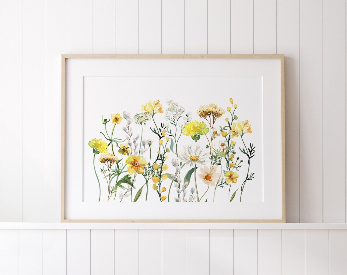 Yellow and White Wildflowers Watercolor Spring Botanical Art Print