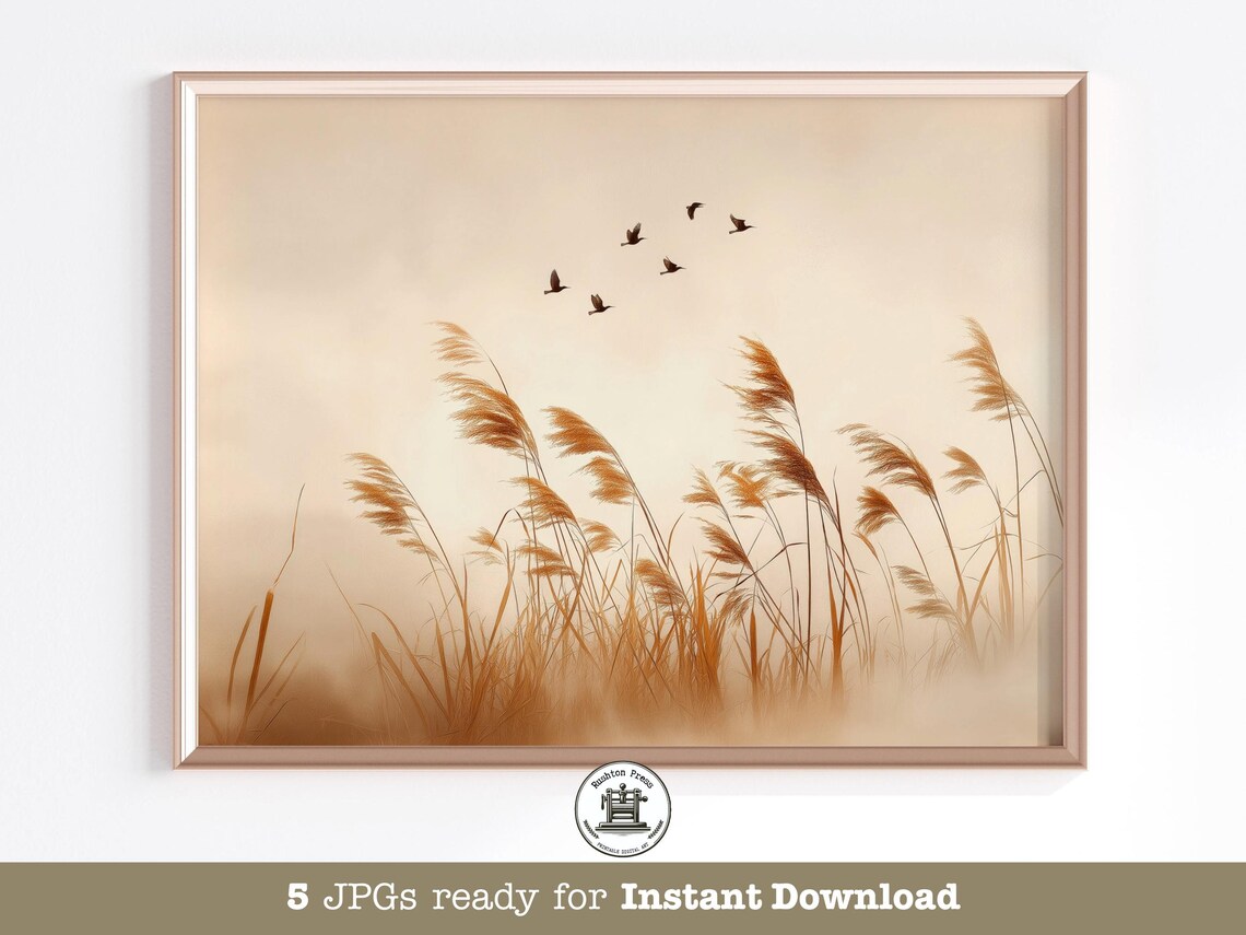 Golden Pampas Grass and Flying Birds Art Print Japandi Sunset Neutral Decor