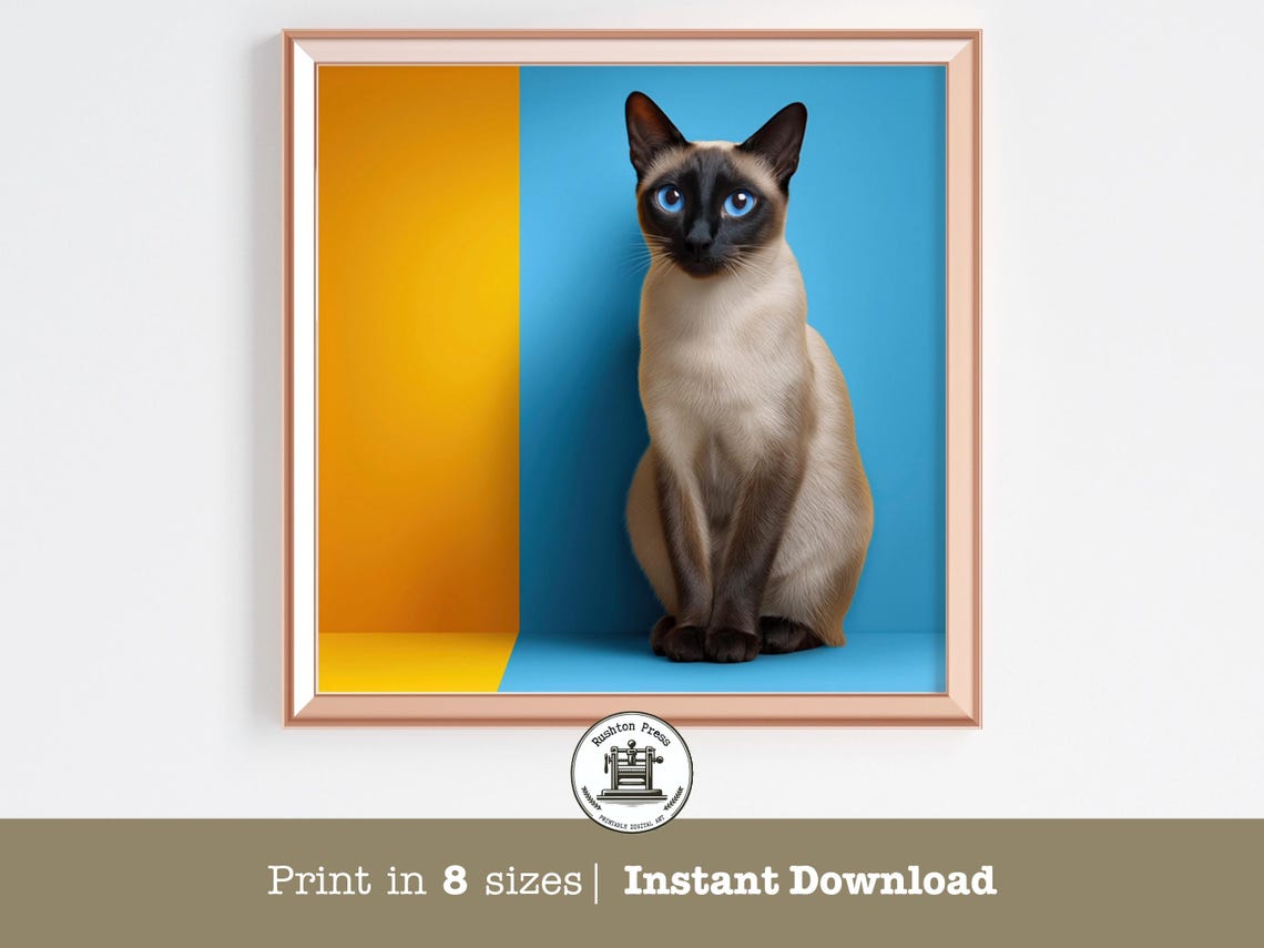 Siamese Cat Pop Art Portrait Blue Eyes Orange Blue Backdrop Poster