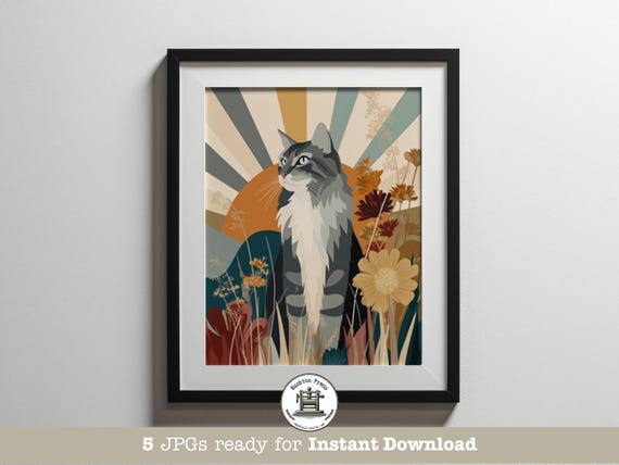 Mid Century Modern Longhaired Maine Coon Cat Floral Sunburst Wall Art