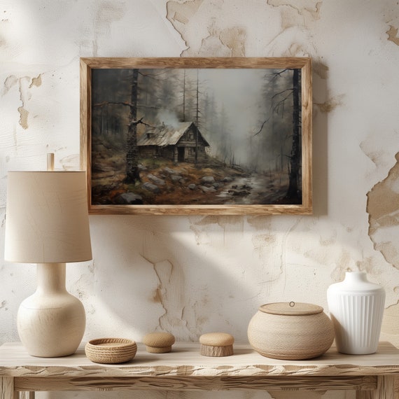 Mountain Painting Rustic Cabin Landscape Art Print Cabincore