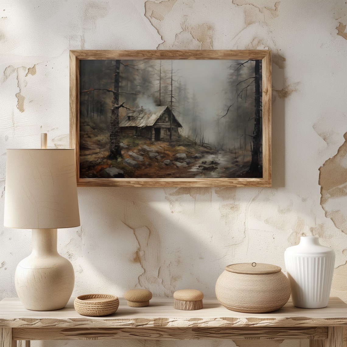 Rustic Mountain Cabin Misty Pine Forest Moody Landscape Art Poster