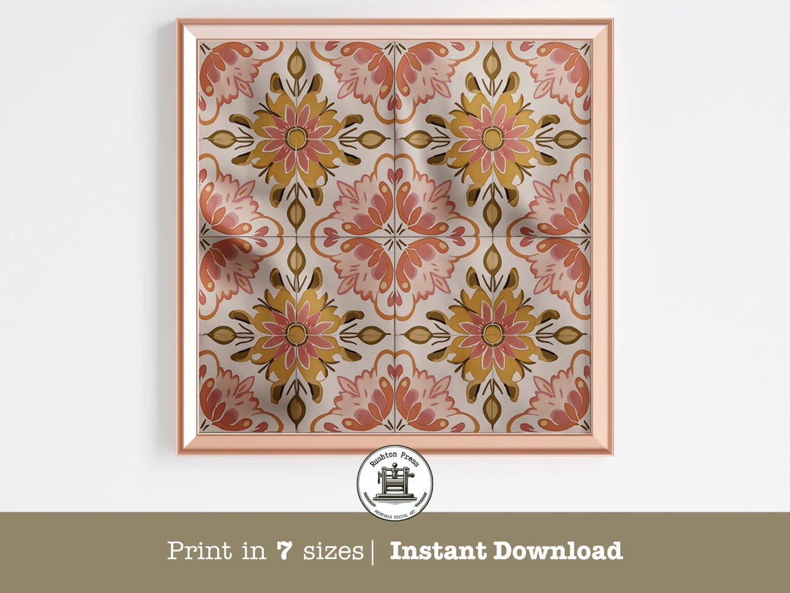 Retro Floral Tile Warm Orange Yellow Midcentury Pattern Print