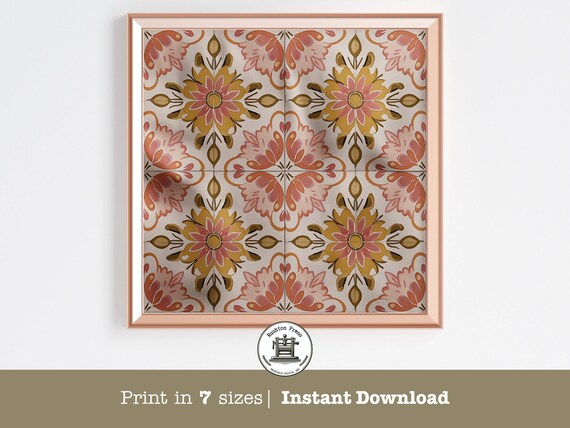 Retro Floral Tile Warm Orange Yellow Midcentury Pattern Print