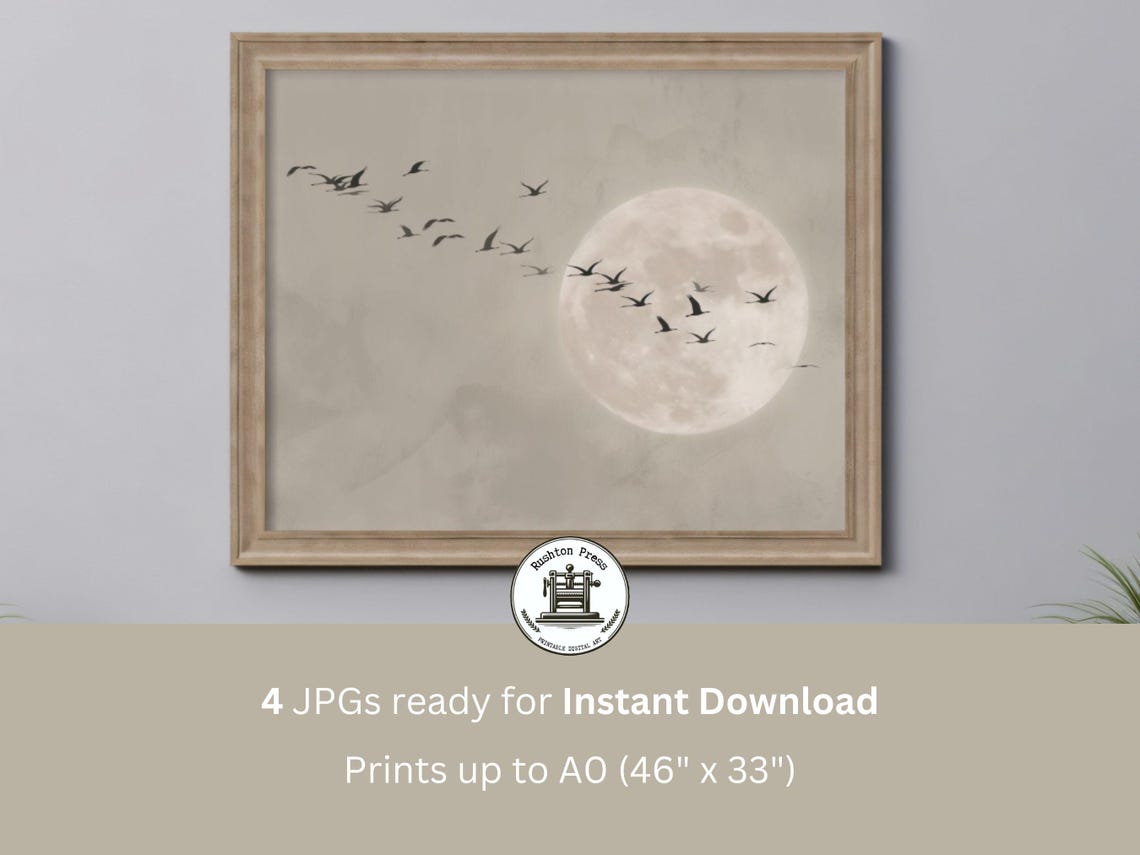 Greige Cranes Art Print, Japandi Moon Landscape