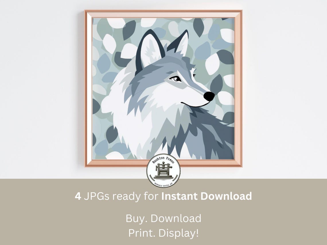 Winter Wolf Portrait Print Boho Scandi Nursery Soft Gray Blue Decor