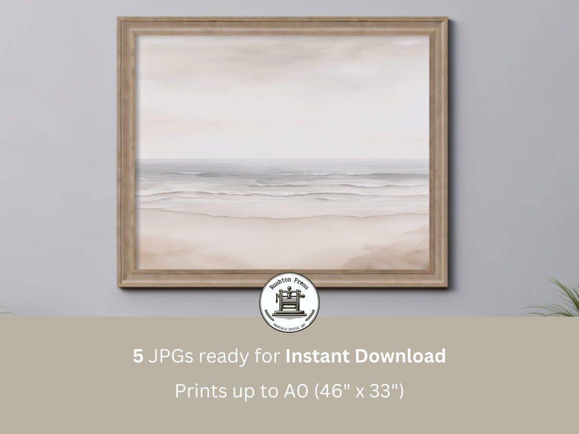 Greige Beach Watercolor Soft Neutral Seascape Calm Coastal Wall Art