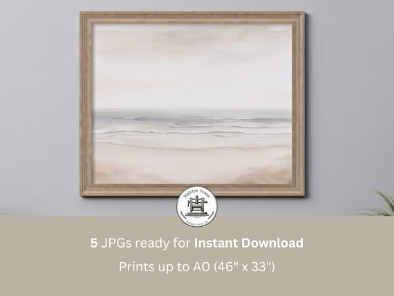 Greige Beach Watercolor Soft Neutral Seascape Calm Coastal Wall Art