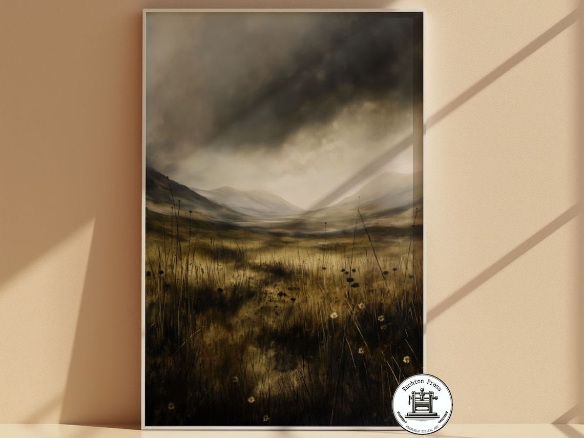 Stormy Grassland Abstract Painting, Moody Atmospheric Art Print