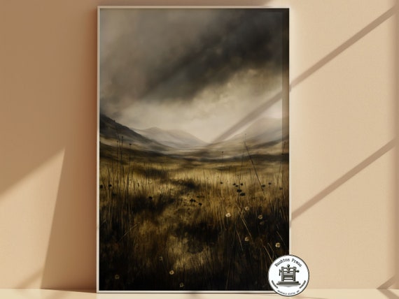 Stormy Grassland Abstract Painting, Moody Atmospheric Art Print