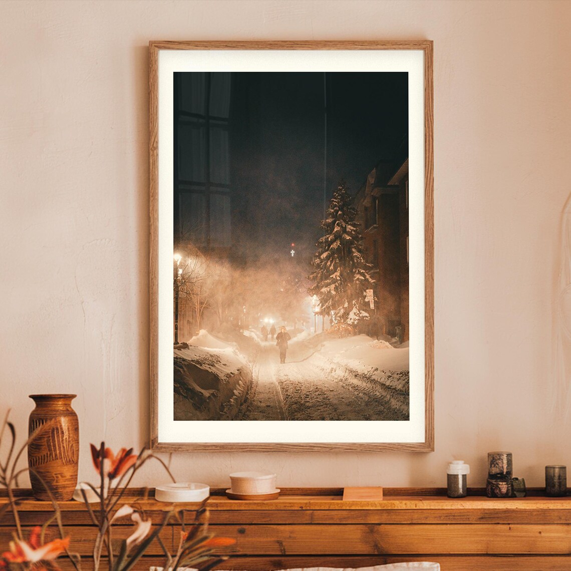 Snowy Night Street Lamps Winter City Moody Photography Art Poster
