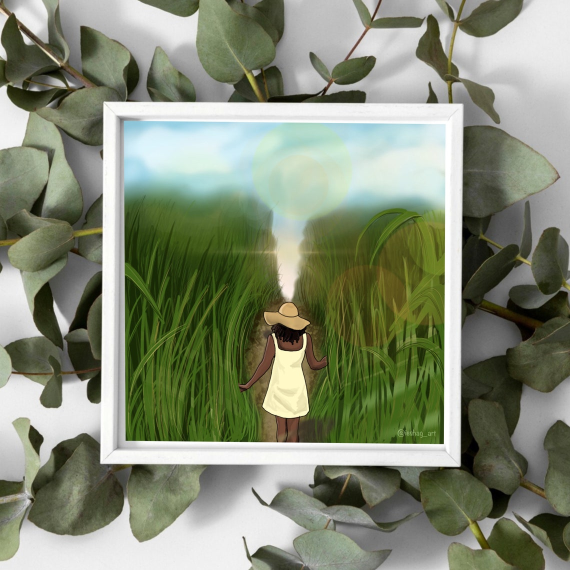 Girl in Sun Hat Walking Through Tall Grass Sunny Field Art Poster - Image 4
