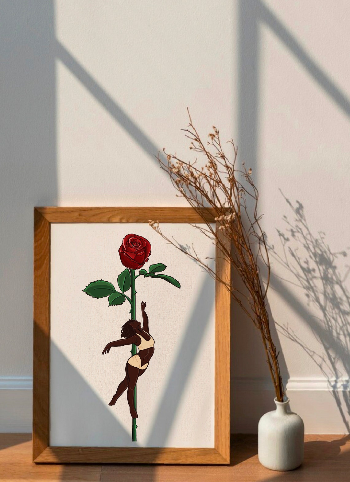 Black Pole Dancer Red Rose Stem Minimalist Floral Illustration Poster - Image 2