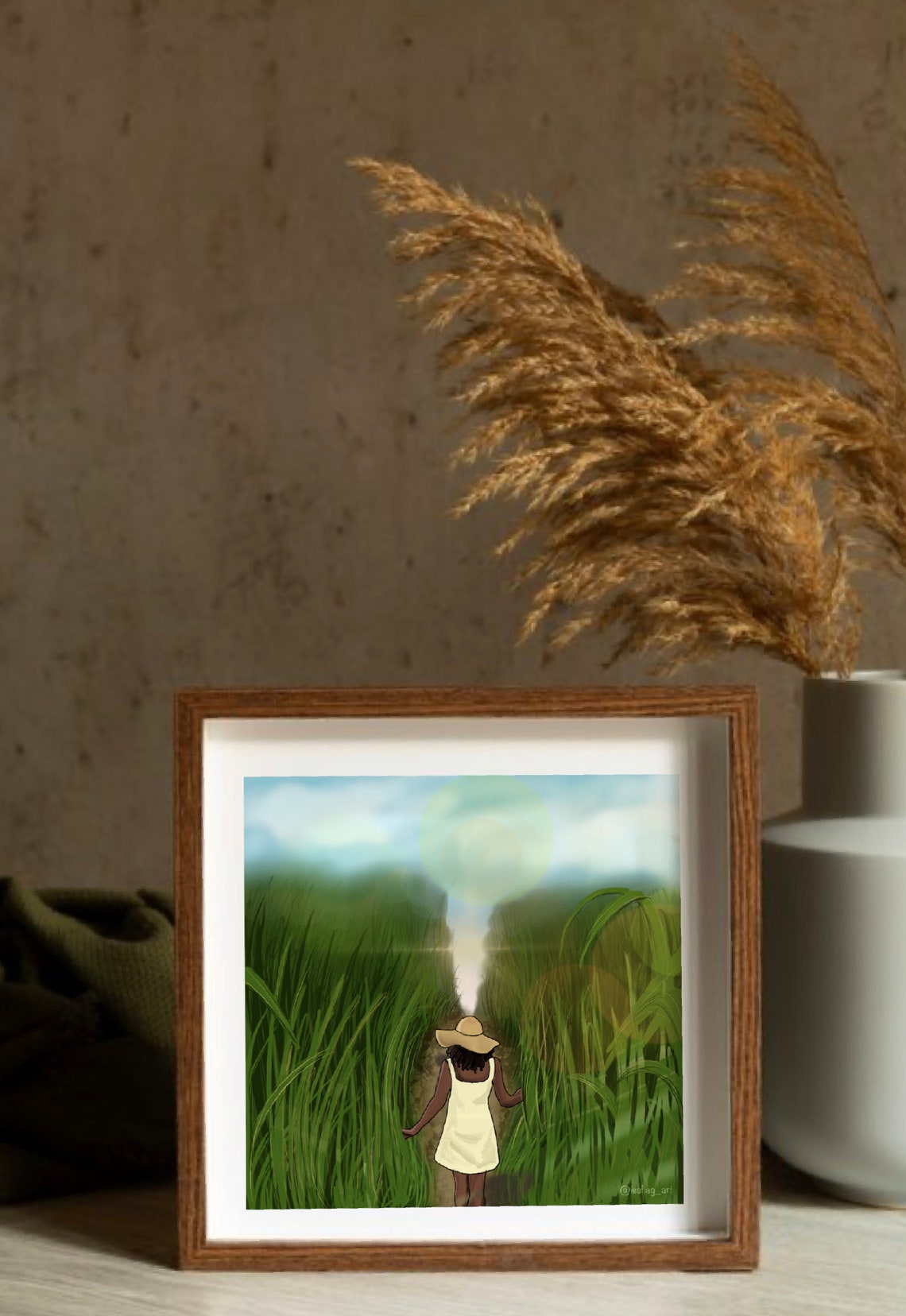 Girl in Sun Hat Walking Through Tall Grass Sunny Field Art Poster - Image 3