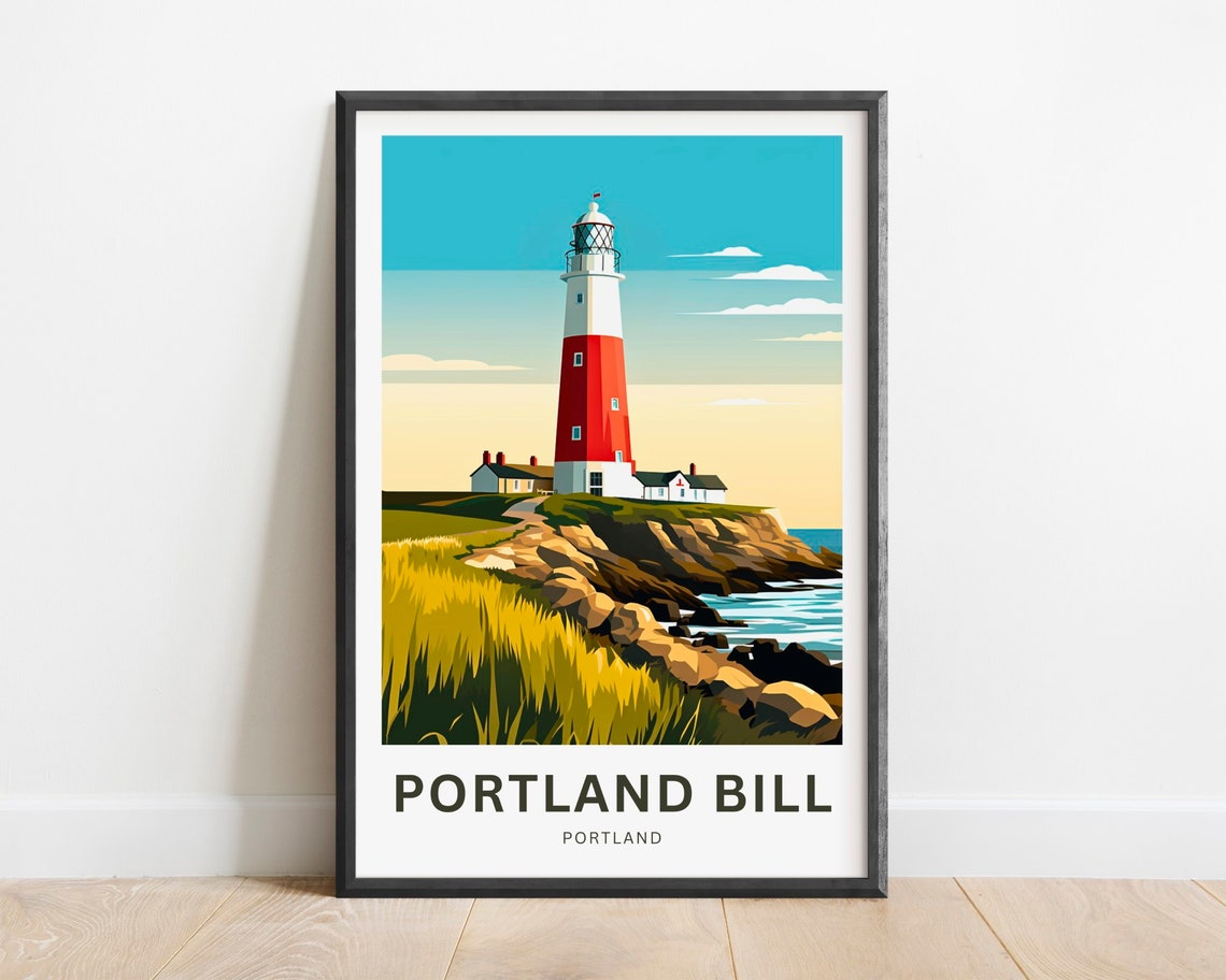 Portland Bill Lighthouse Dorset Red White Cliffs Travel Poster