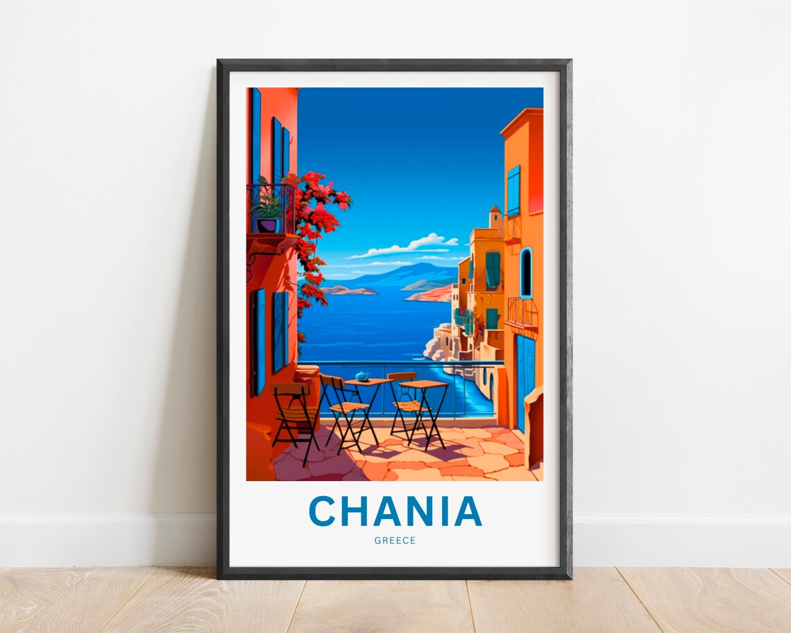 Chania Greece Vibrant Seaside Terrace Cafe Ocean Travel Poster
