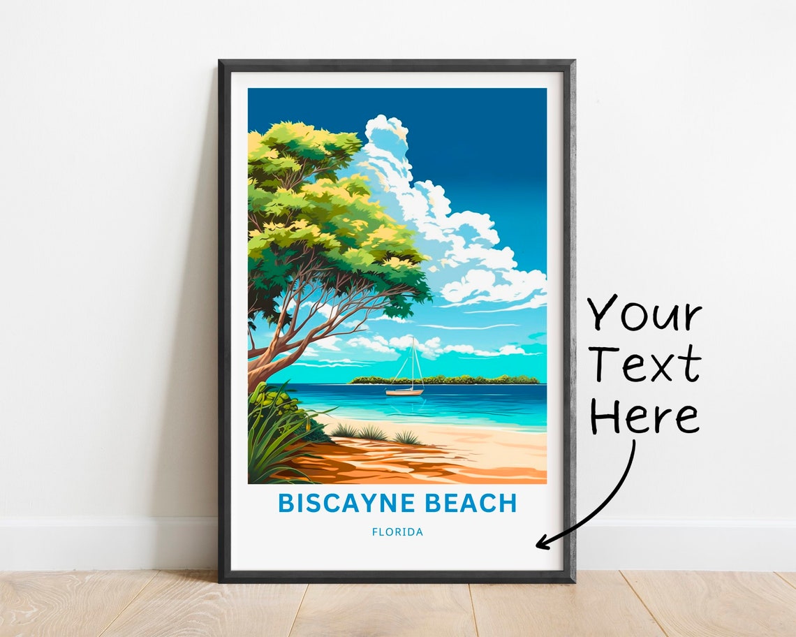 Biscayne Beach Florida Palm Tree Sailboat Retro Travel Poster
