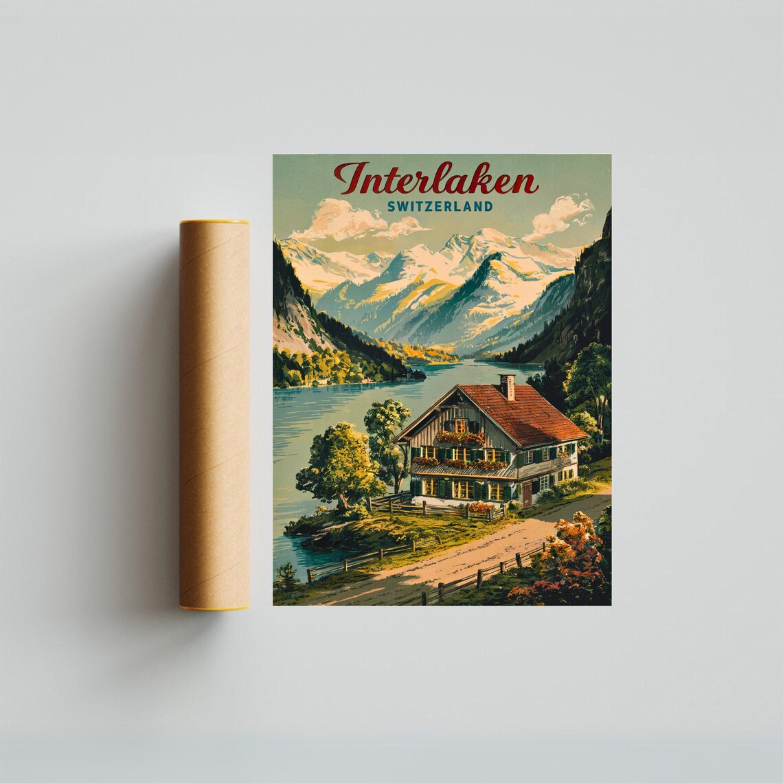 Interlaken Switzerland Lakeside Cottage Vintage Travel Poster Scene - Image 4