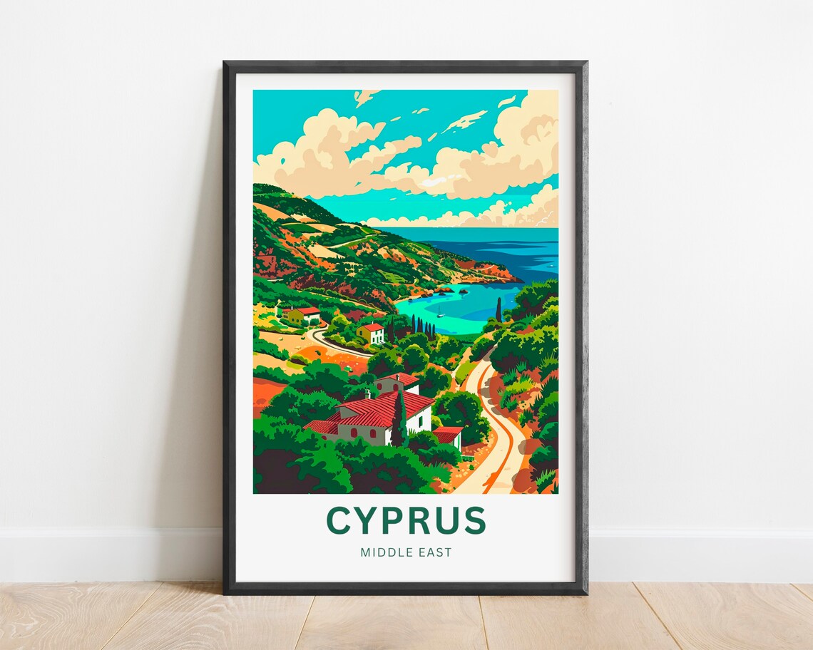 Cyprus Hillside Village Red Roof Houses Vintage Travel Art Poster