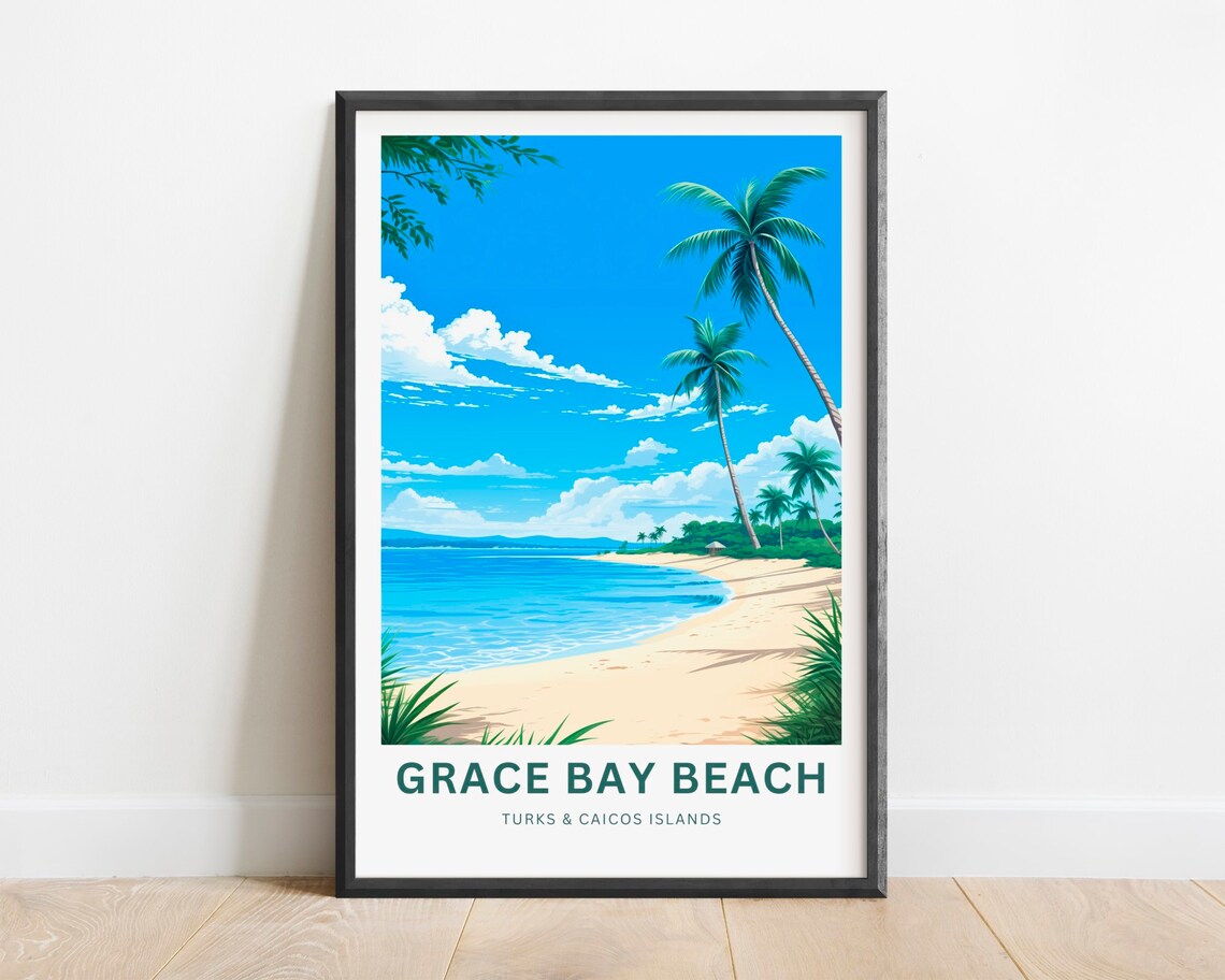 Grace Bay Beach Turks Caicos Palms Shore Ocean Travel Poster