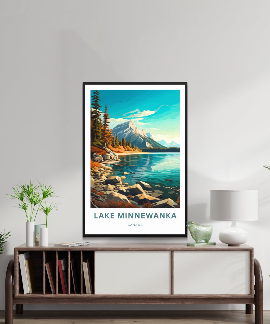 Lake Minnewanka Canada Turquoise Lake Red Canoe Custom Poster - Image 2