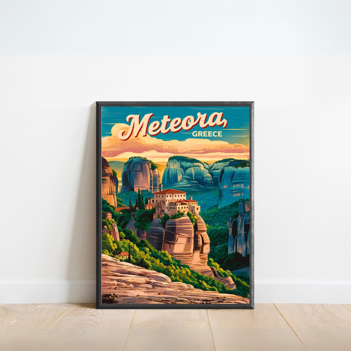 Meteora Greece Scenic Stone Monastery Cliffs Sunset Travel Poster