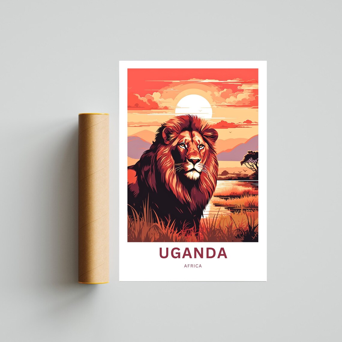 Uganda Africa Travel Poster Majestic Lion Portrait Sunset Wildlife - Image 4