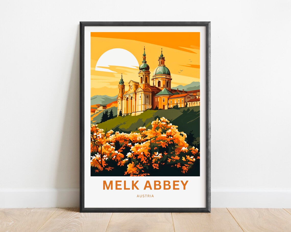 Melk Abbey Austria Blossom Garden Sunset Scene Travel Poster
