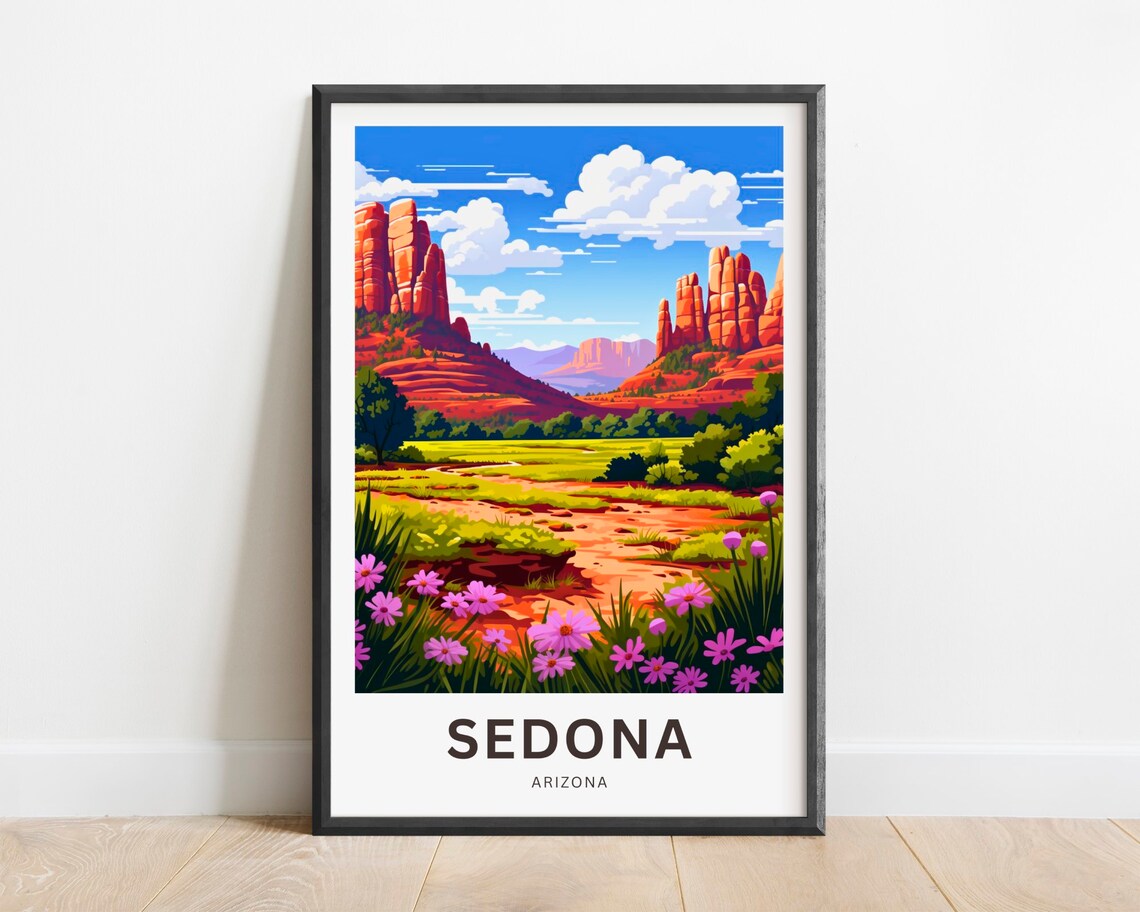 Sedona Arizona Travel Poster Red Rock Desert Wildflowers Art