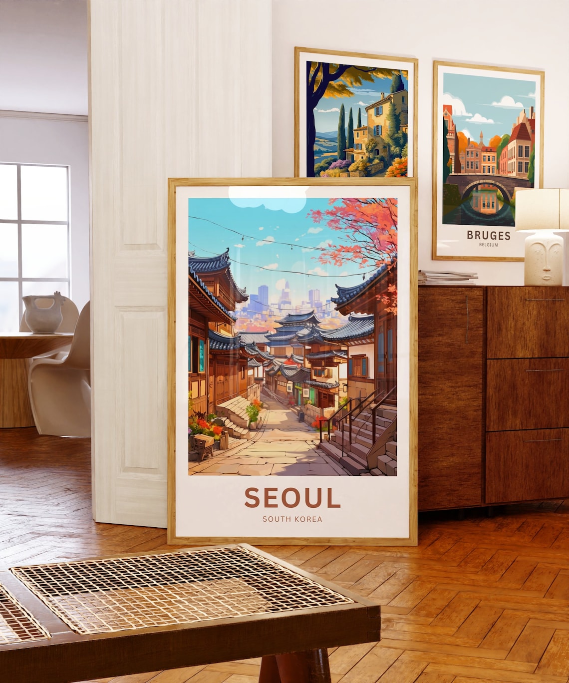 Seoul South Korea Travel Poster Hanok Village Alley Skyline Art - Image 5
