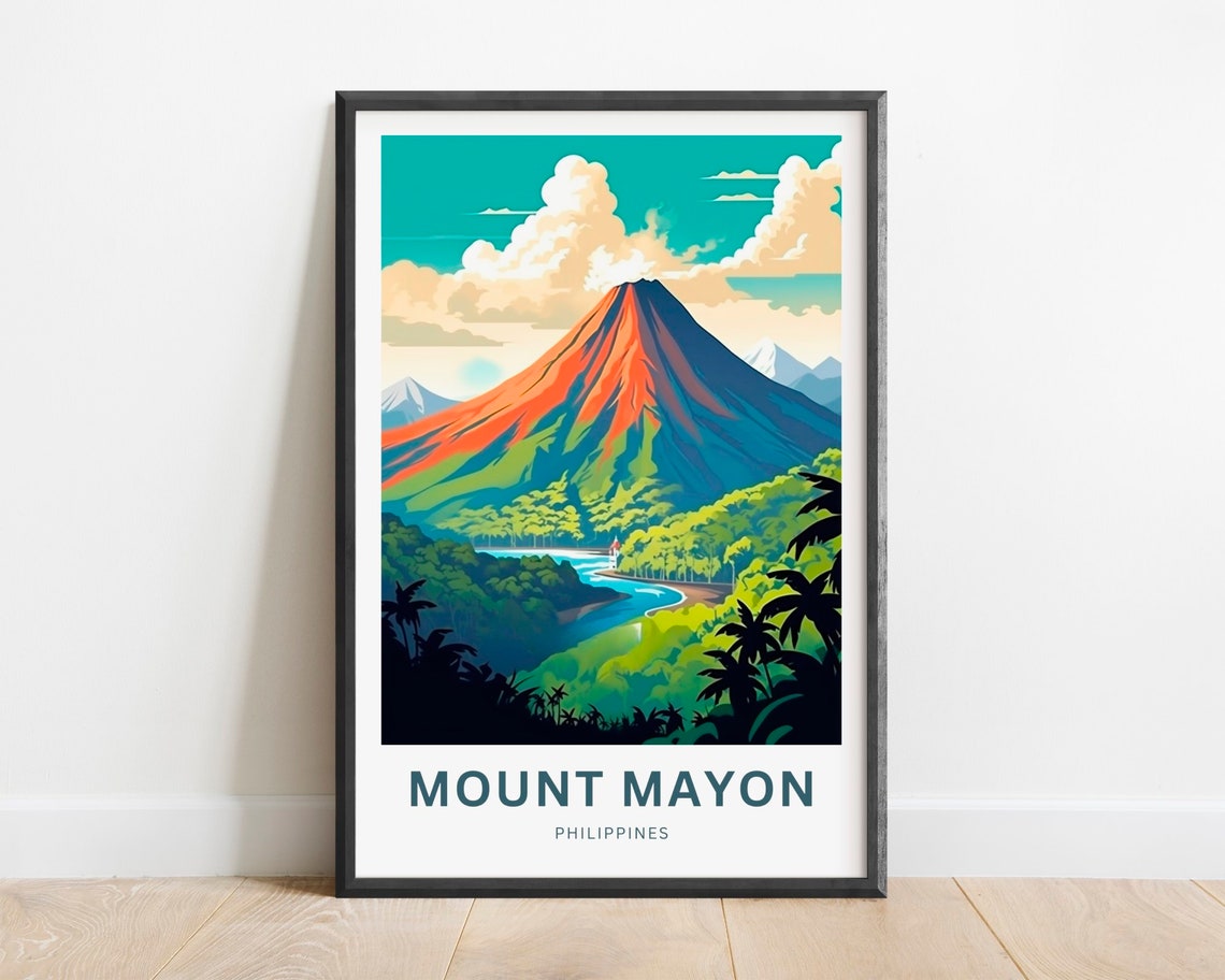 Mount Mayon Philippines Red Volcano Jungle River Travel Poster