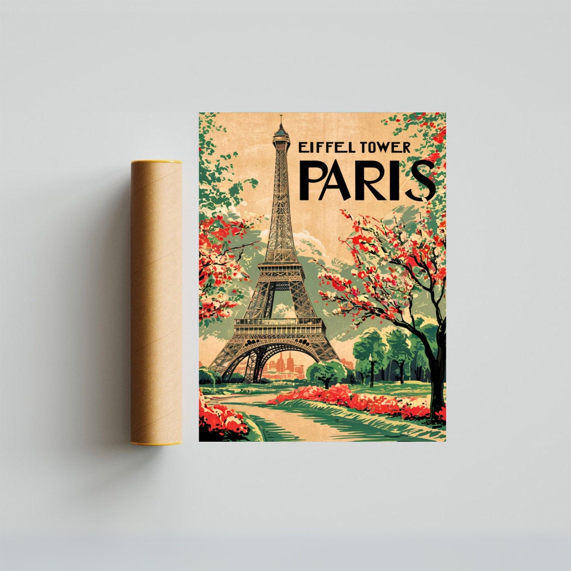 Eiffel Tower Paris Vintage Cherry Blossom Retro Travel Poster - Image 4