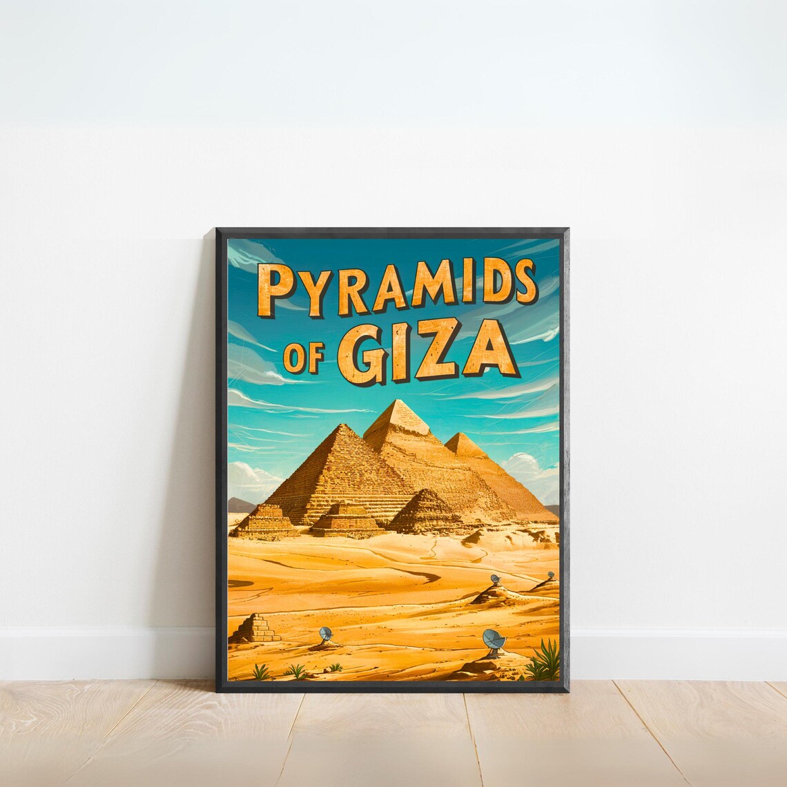 Pyramids of Giza Egypt Retro Desert Sunset Illustration Poster