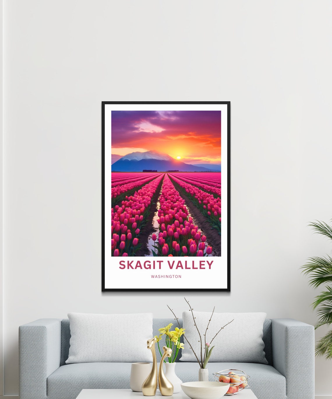 Skagit Valley Washington Pink Tulip Field Mountain Travel Poster - Image 3