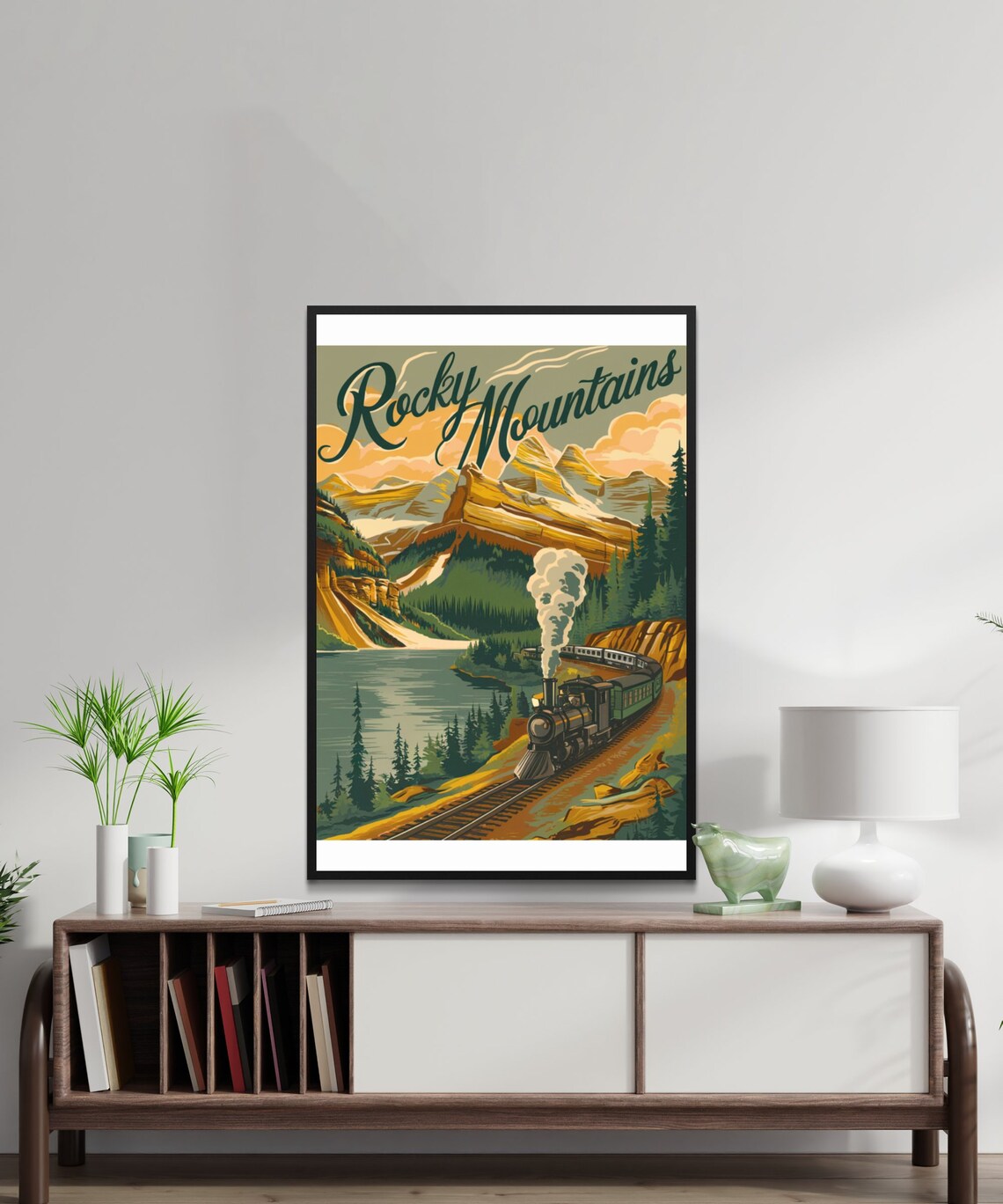 Rocky Mountains Vintage Steam Train Mountain Lake Travel Poster - Image 2