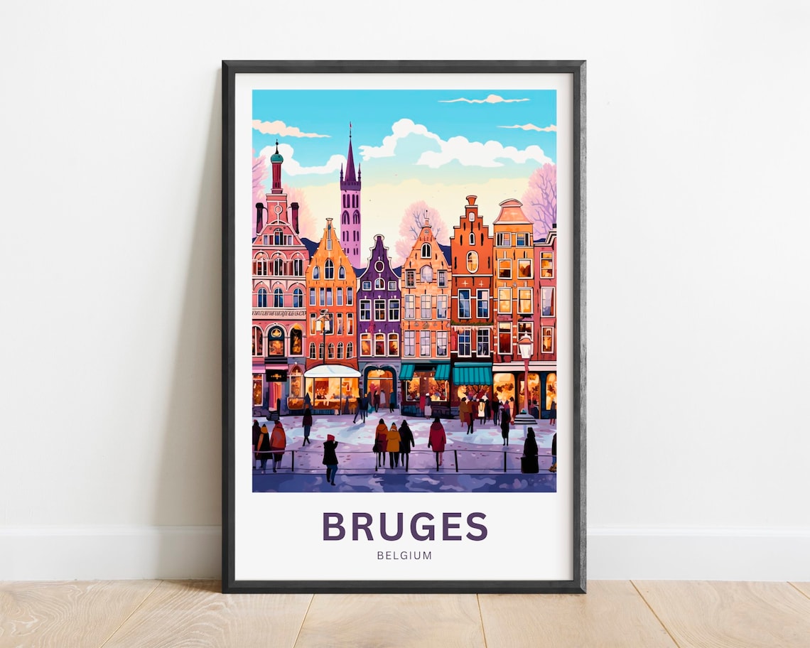 Bruges Belgium Travel Poster Medieval Market Square Houses Scene