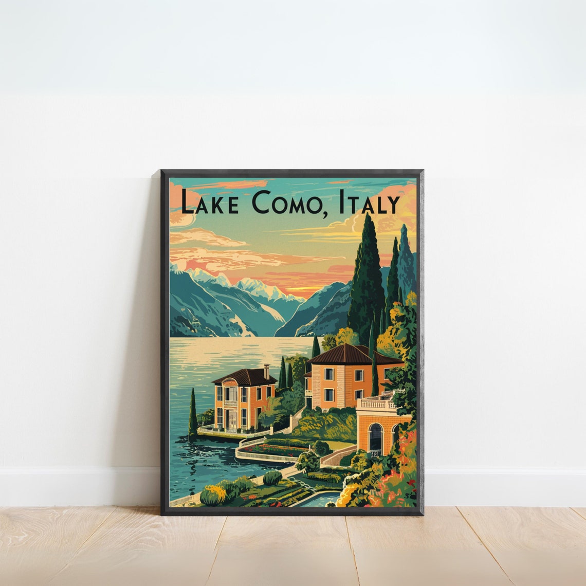 Lake Como Italy Sunset Villas Cypress Trees Lakefront View Poster