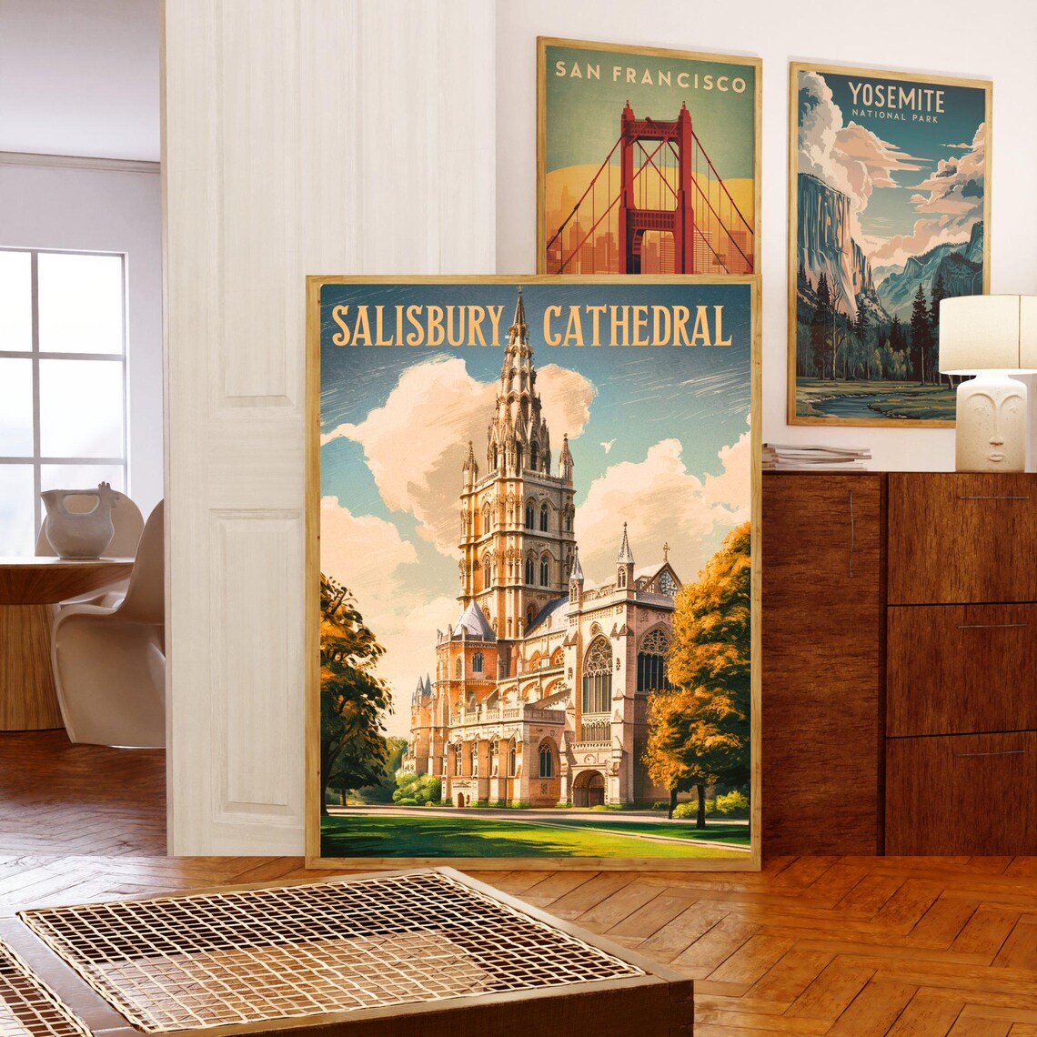 Salisbury Cathedral England Vintage Style Gold Lettering Poster - Image 5