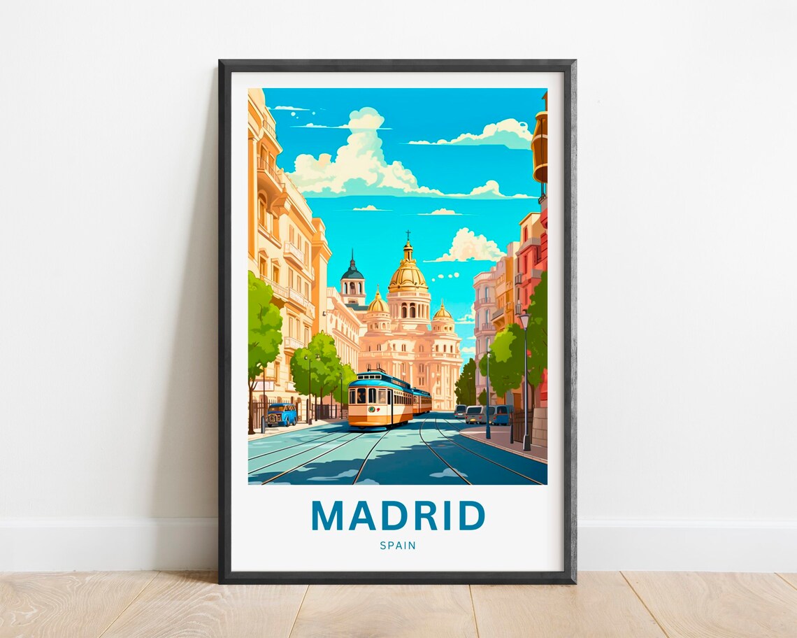 Madrid Spain Vintage Tram Street Cityscape Illustration Poster