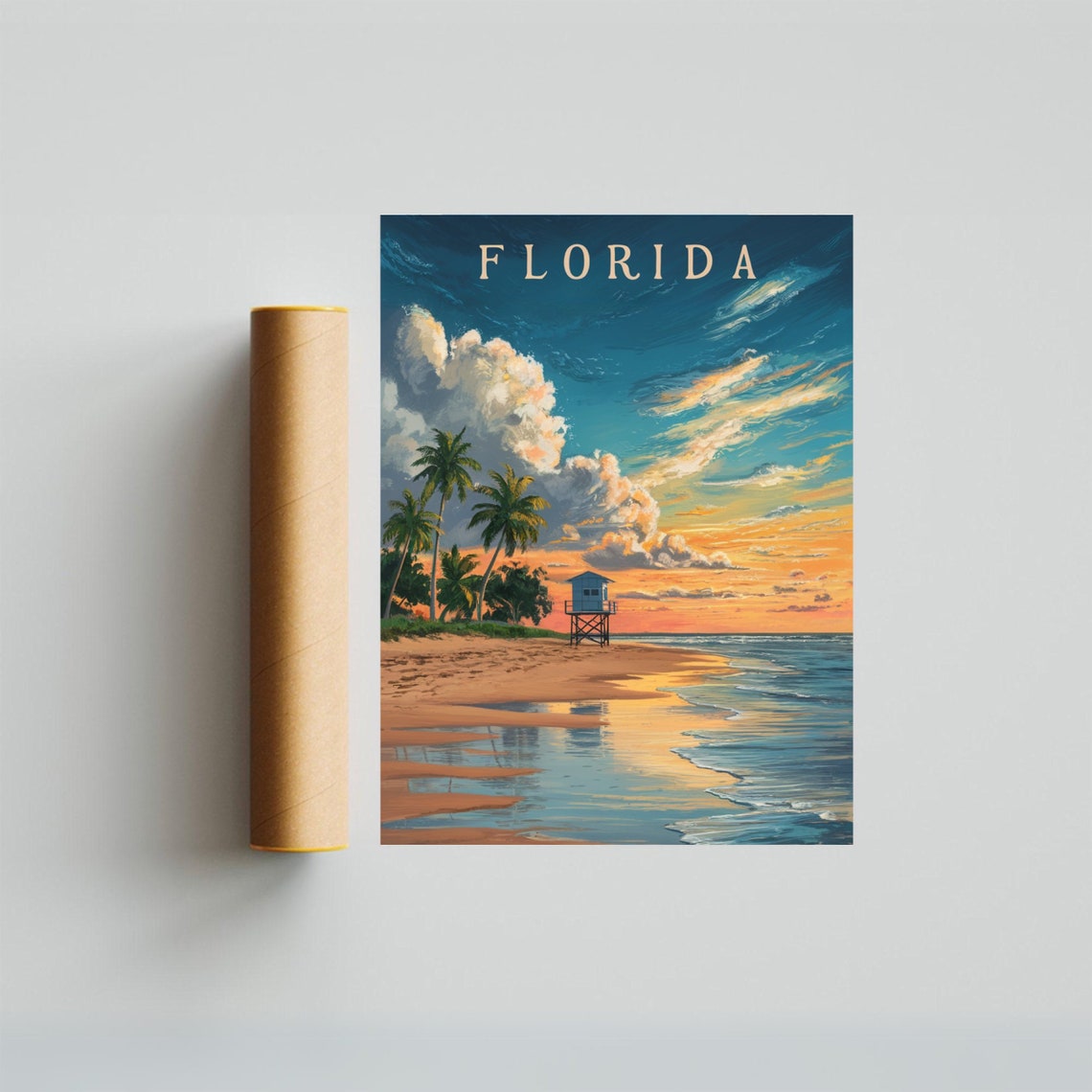 Florida Sunset Beach Lifeguard Stand Palms Vintage Retro Travel Poster - Image 3