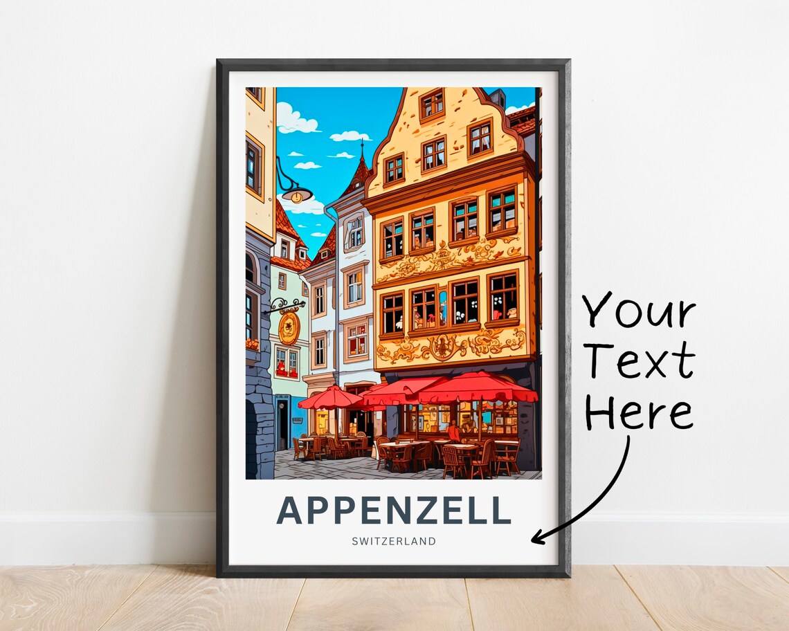 Appenzell Switzerland Historic Street Cafe Terraces Vintage Travel Poster