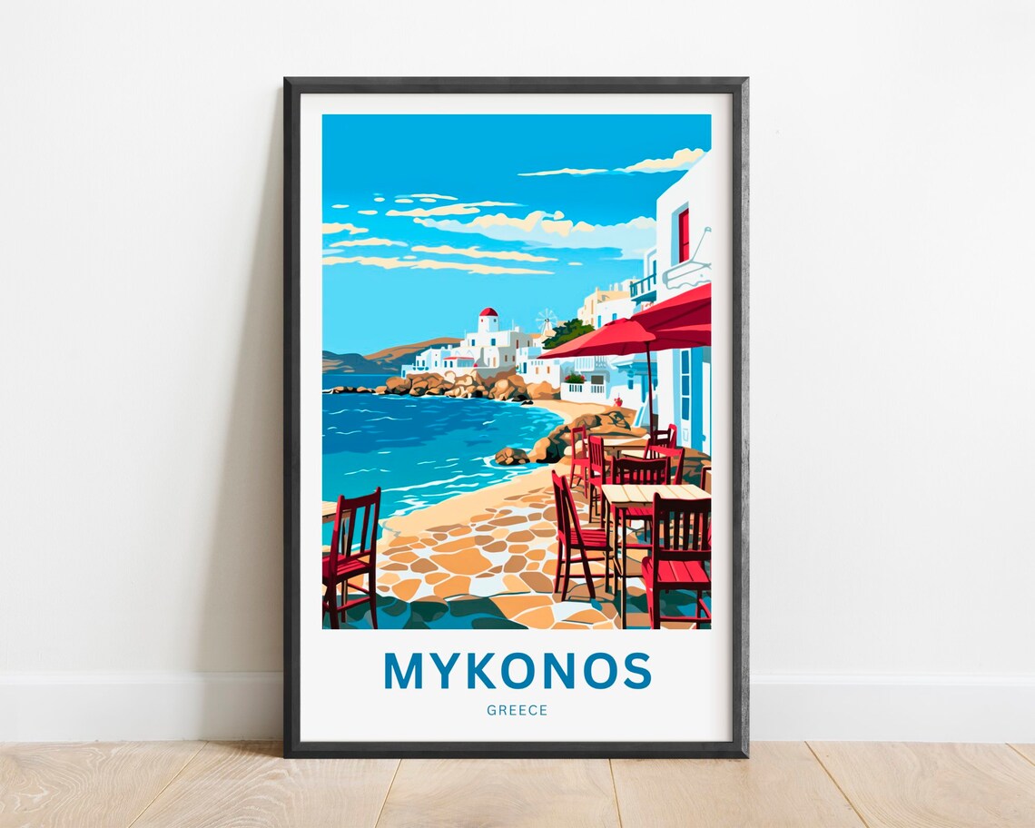 Mykonos Greece Waterfront Taverna Harbor Vintage Travel Poster