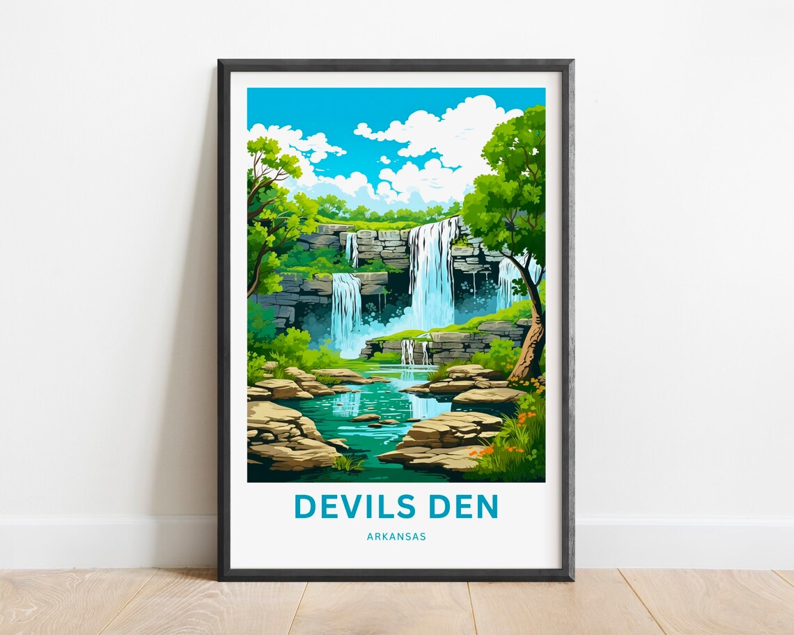 Devils Den Arkansas Triple Falls Summer Forest Travel Poster