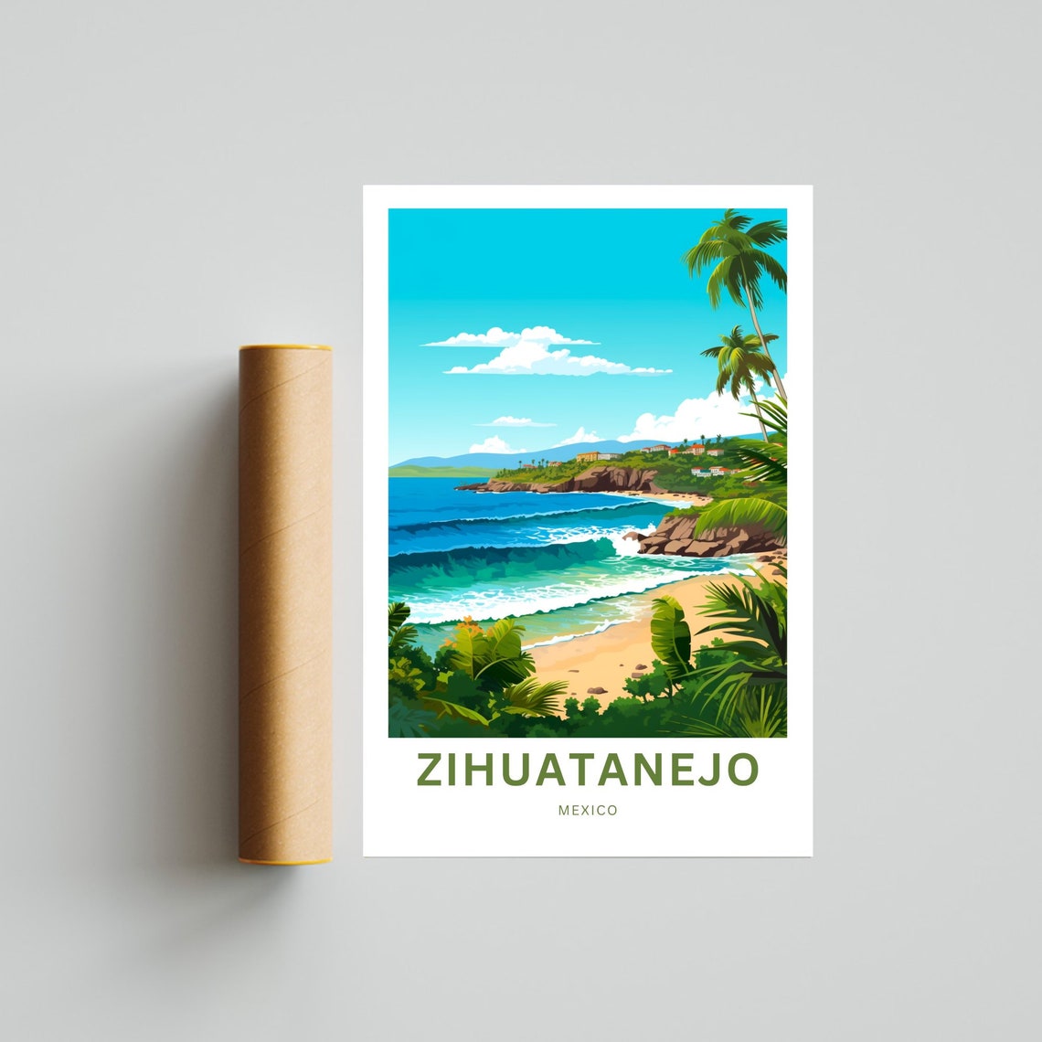 Zihuatanejo Mexico Rolling Ocean Waves Beach Palms Tropical Poster - Image 4